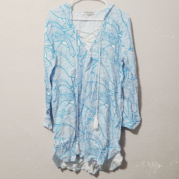Charlie Holiday Coco Hooded Leaf Print Swim Cover Up Size 4 Blue - Picture 1 of 5